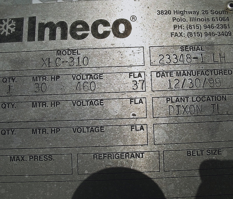 310 Ton - 1999 Imeco XLC-310 Evaporative Condenser Tower (1 tower units) Imeco 
