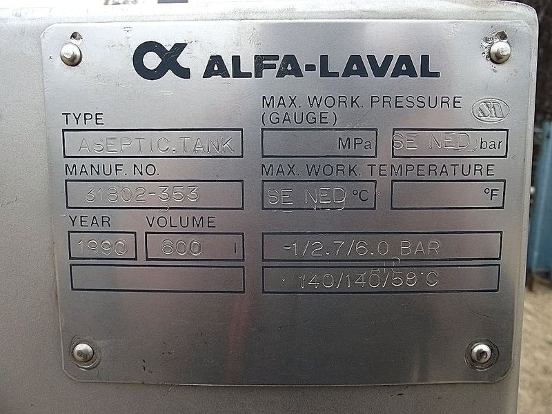 Alfa Laval Aseptic Stainless Steel Tank - 150 gallons Alfa Laval 