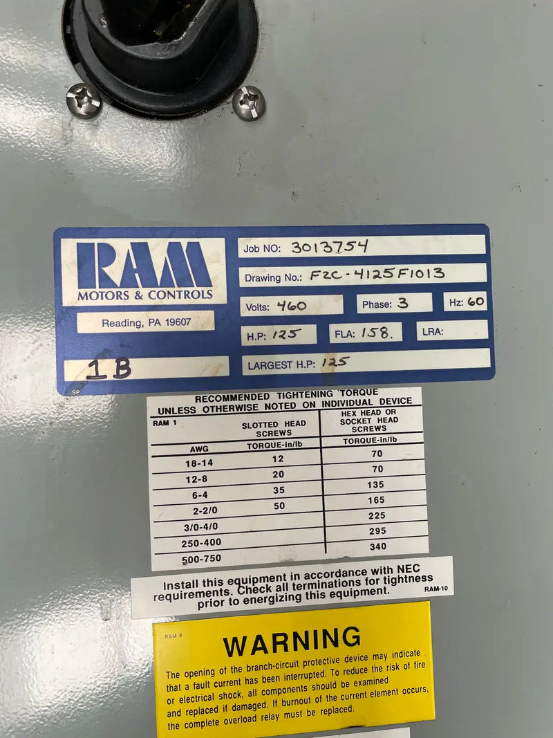Ram Industries Screw Compressor Motor Starter (125 HP, 460V, 60 Hz)