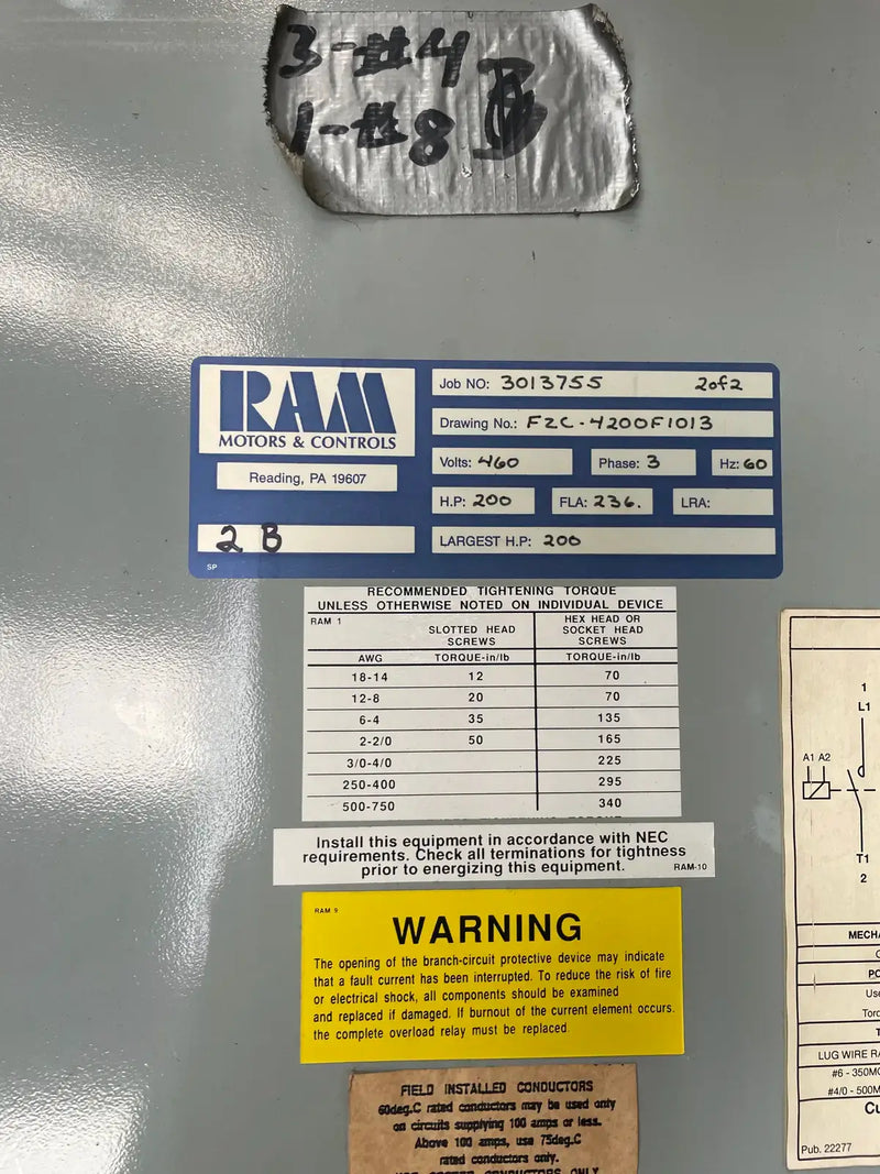 Ram Industries Screw Compressor Motor Starter ( 200 HP, 460 Volts, 60 Hz )
