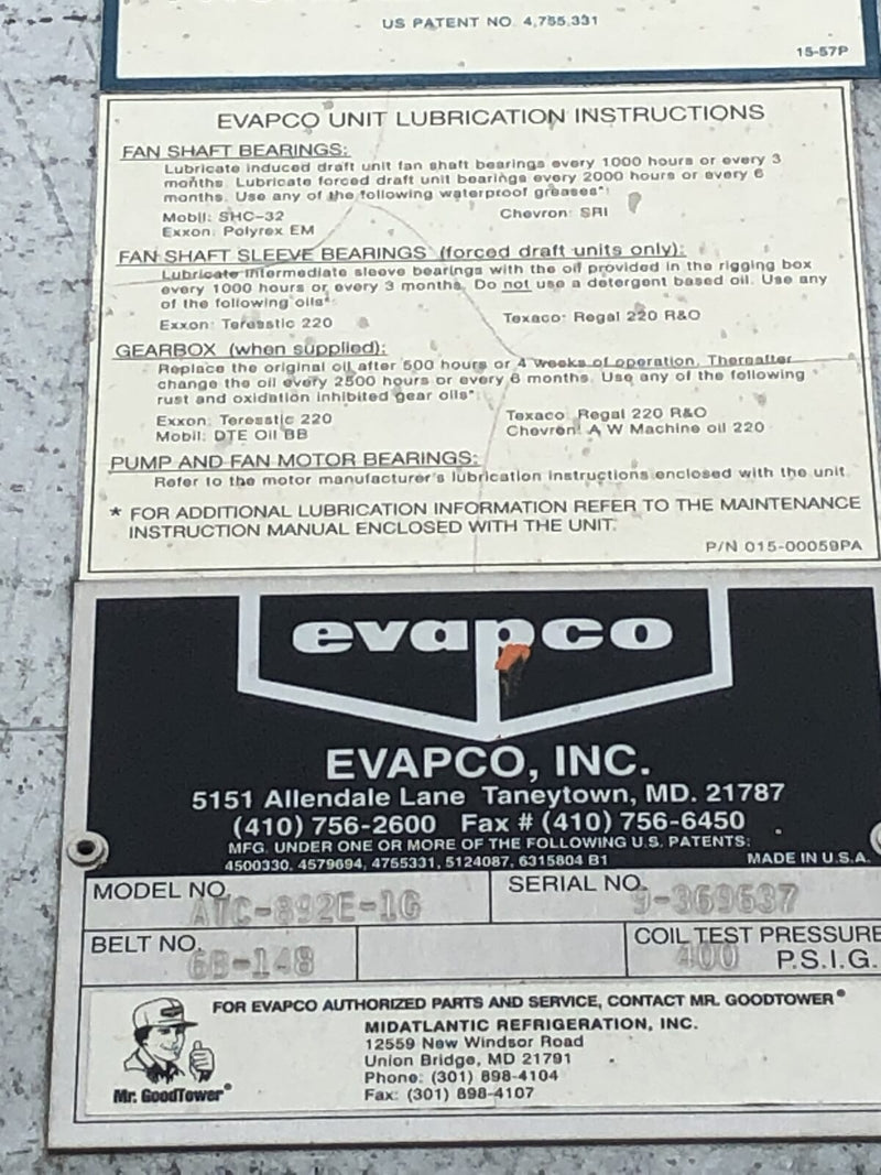 Evapco ATC-892E-1G Evaporative Condenser (892 Nominal Tons, 2-5.5 HP Motors, 1 Tower Unit)