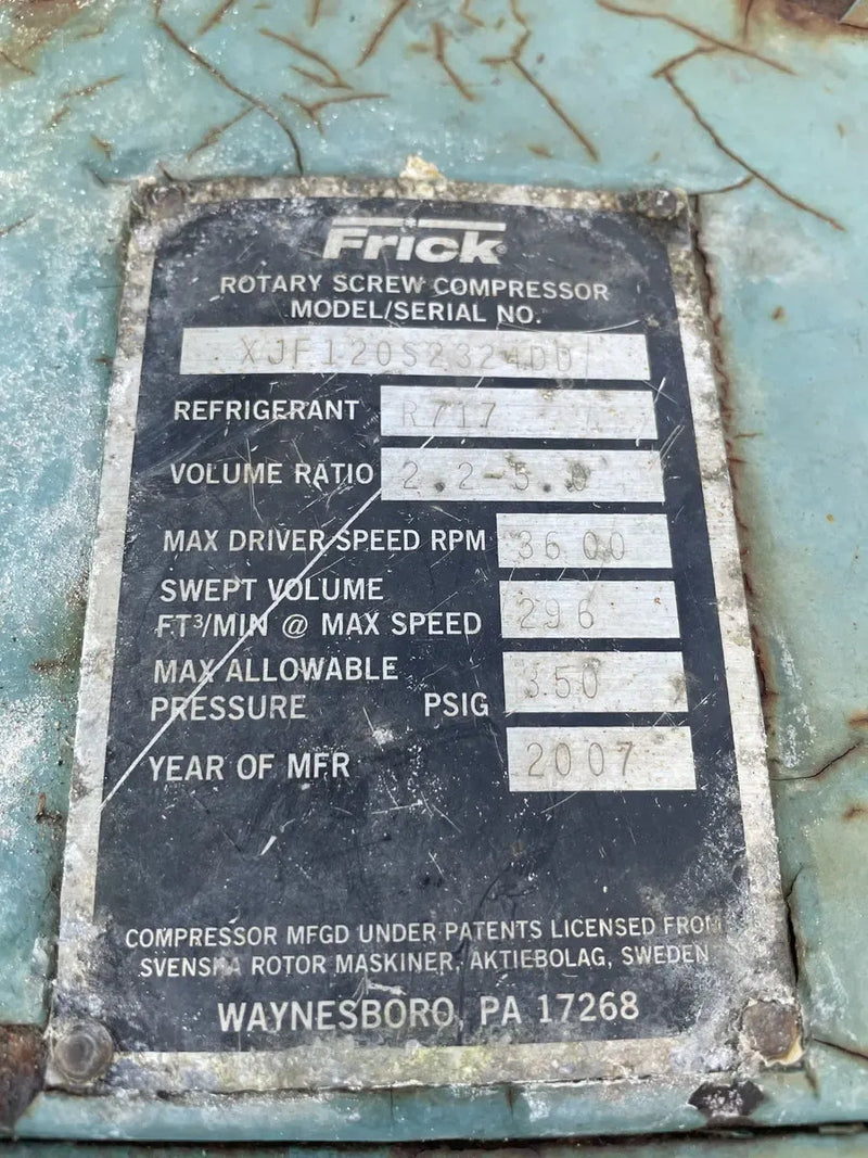 Paquete de compresor de tornillo rotativo Frick RXF-50-H (Frick XJF120S, 150 HP 230/460 V, panel de control Frick Micro)