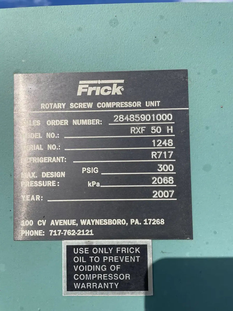 Paquete de compresor de tornillo rotativo Frick RXF-50-H (Frick XJF120S, 150 HP 230/460 V, panel de control Frick Micro)