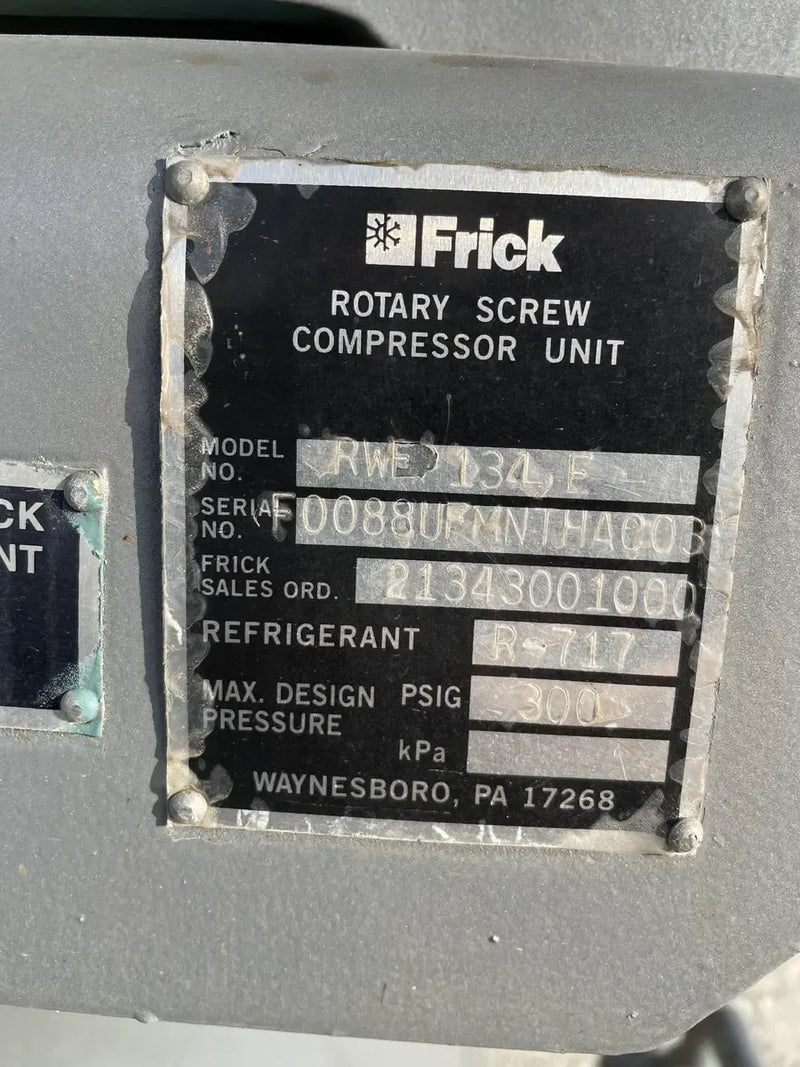Paquete de compresor de tornillo rotativo Frick RWF-134-E (Frick SGC1918, 250 HP 460 V, panel de control Frick Micro)