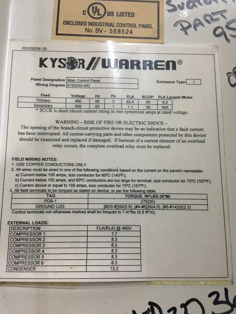 Kysor/Warren TZ600-034-SL-4-DSSA-A Motor Control Center - HP