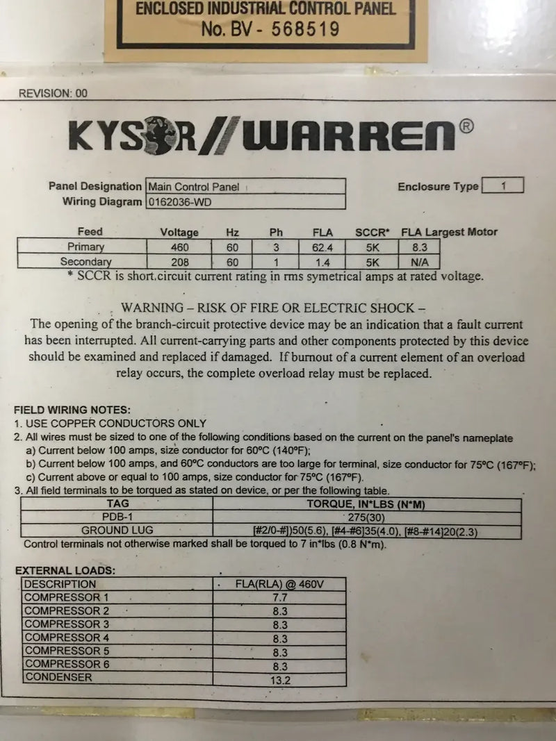 Kysor/Warren TZ600-034-SL-4-DSSA-B Motor Control Center - HP