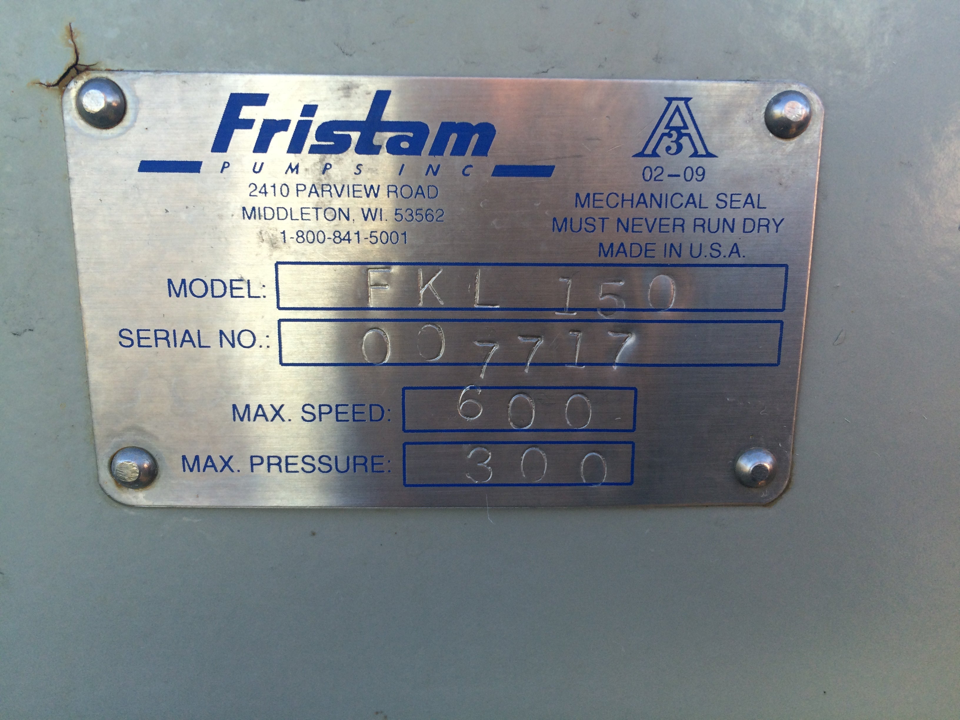 Fkl Fristam FKL-150 Positive Displacement Pump (15 HP, 155.4 GPM Max)