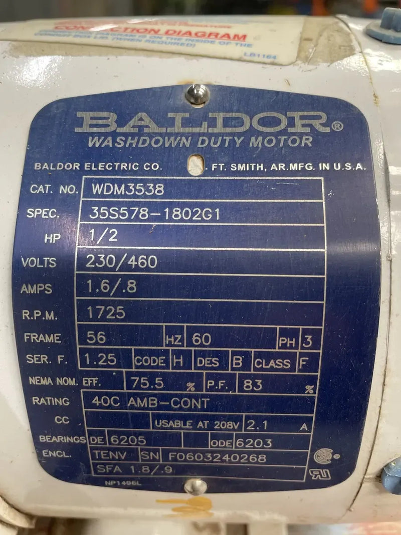 Baldor WDM3538 Motor (0.5 HP, 1725 RPM, 230/460 V)