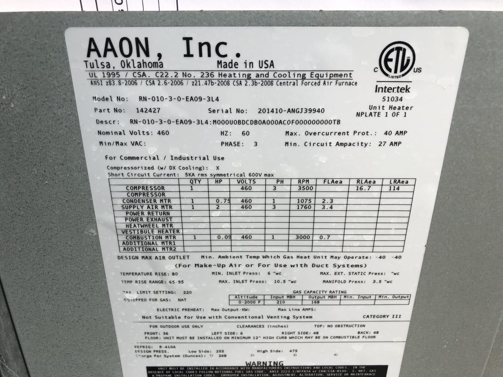 Aaon Rn Rq AAON RN-010 Air Cooling & Heating Condensing Unit - 10 Tons