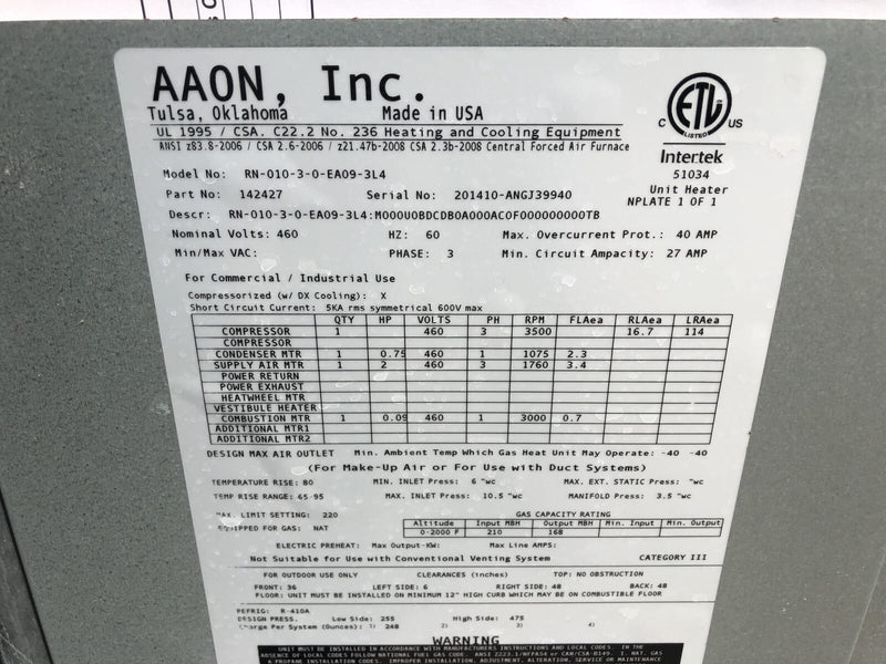 AAON RN-010 Air Cooling & Heating Condensing Unit - 10 Tons
