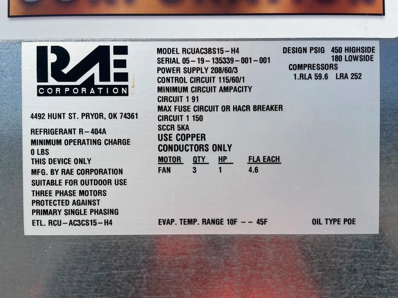 RAE Corporation RCUAC3BS15-H4 Condensador enfriado por aire (10TR)