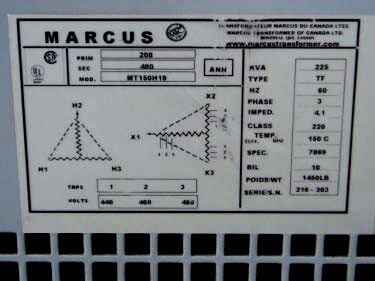 Marcus Homogenizer Transformer - 225 KVA Marcus 