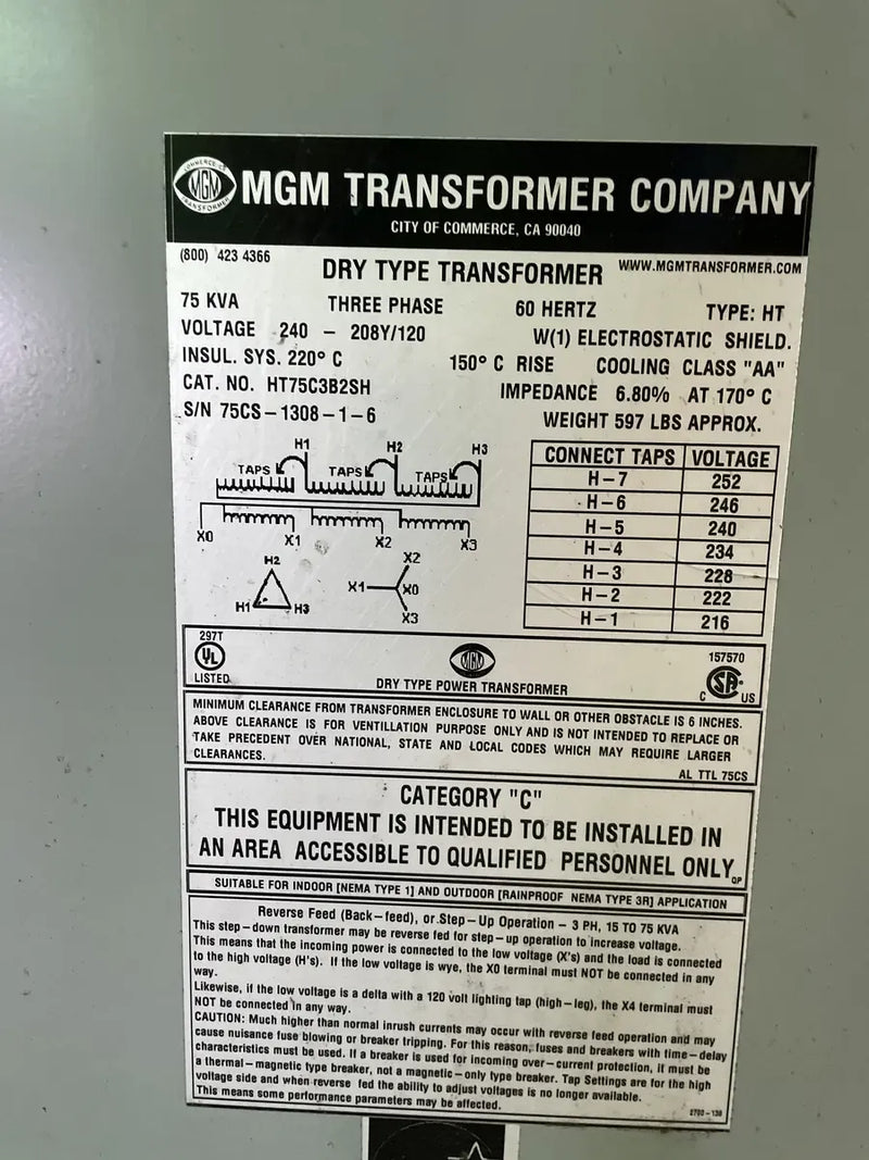 MGM Dry Type Transformer ( 75 kVa, 3 PH, 240/208 Volts )