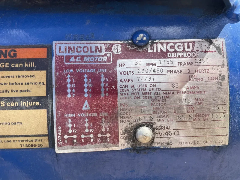 Lincoln Lincguard Drip Proof AC Motor (30 HP, 1755 RPM, 230/460 V)