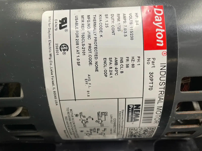 Dayton 30PT70 Motor (0.075 HP, 1,725 RPM, 115/230 V)