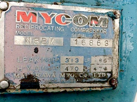 Mycom 6-Cylinder Reciprocating Compressor – 100 HP Mycom 