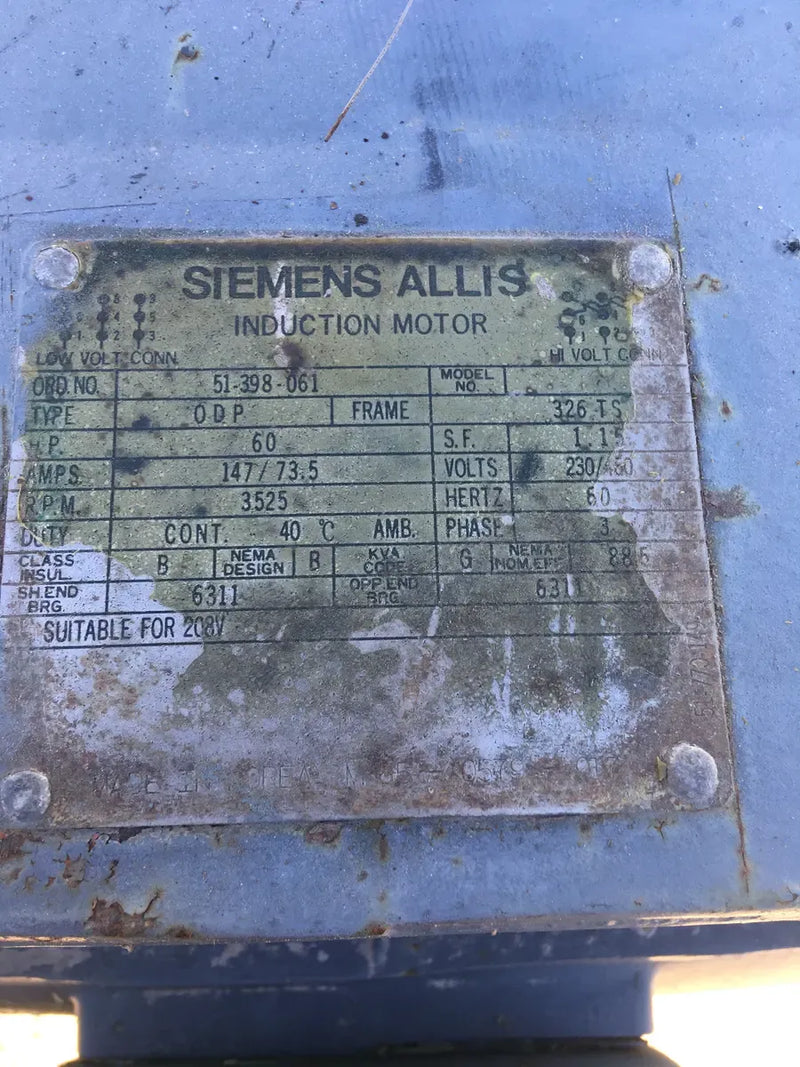 Siemens Induction Motor (60 HP, 3525 RPM, 230/460 V)