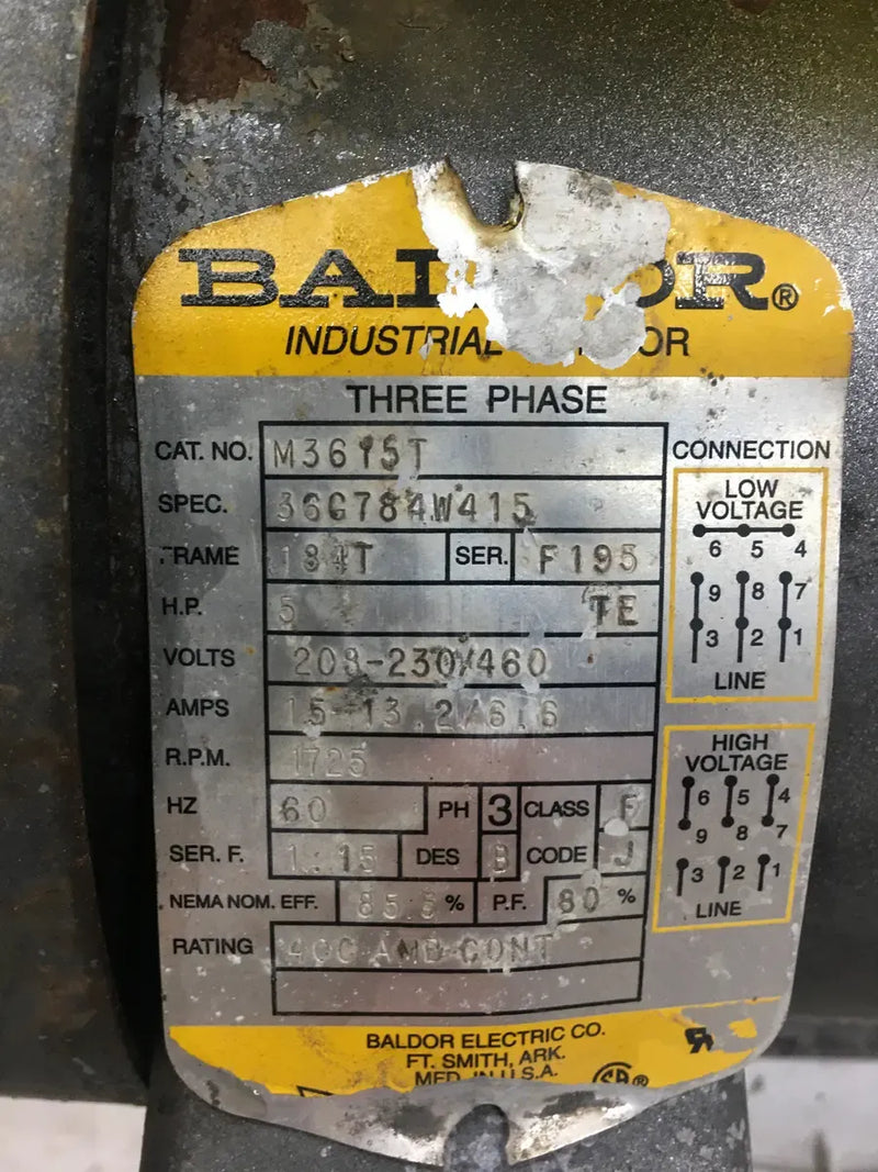 Baldor M3615T Motor (5 HP, 1725 RPM, 208-230/460 V)
