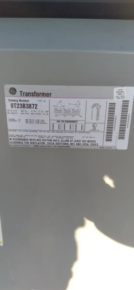 General Electric Transformer ( 30 KVA, 3 Ph, 480/208 Volts )