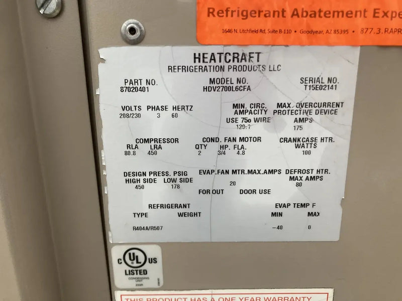 Unidad de condensación vertical de baja temperatura Heatcraft HDV2700L6CFA