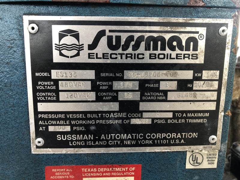 Caldera de vapor eléctrica Sussman ES135 (144 kW, 480 voltios, 3 PH)