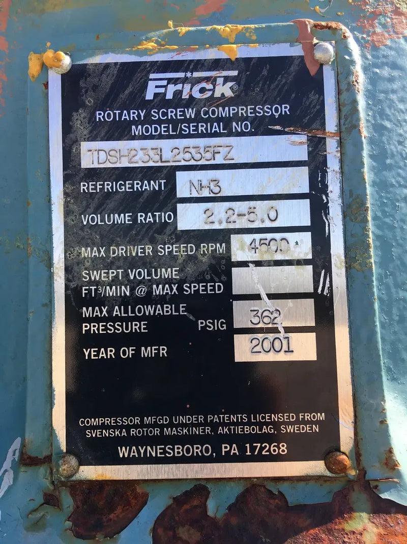 Paquete de compresor de tornillo rotativo Frick (Frick TDSH 233L, 500 HP 460 V, panel de control Frick Micro)
