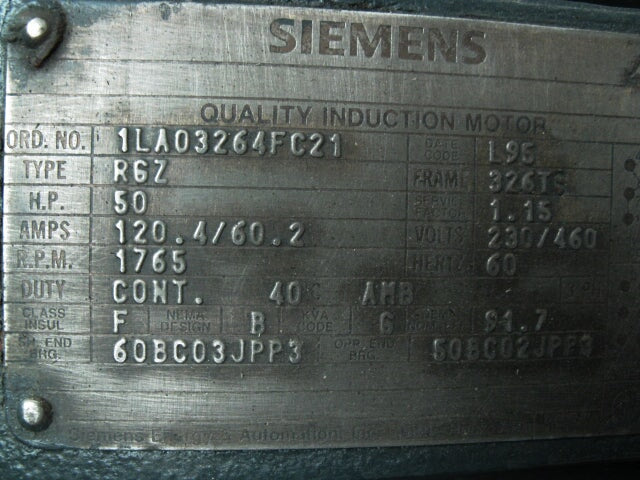 Siemens Electric 460V Induction Motor – 50 HP Siemens 