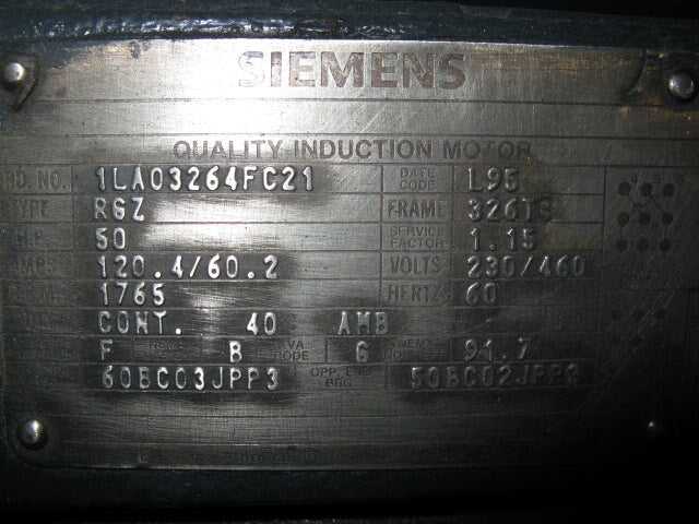 Siemens Electric 460V Induction Motor – 50 HP Siemens 