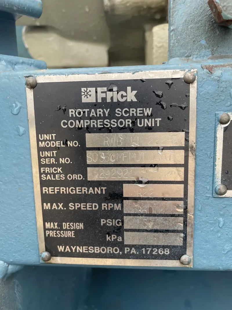 Paquete de compresor de tornillo rotativo Frick RWB-II-222B (Frick TDSH 233L, 200 HP 460 V, panel de control micro Johnson Controls)